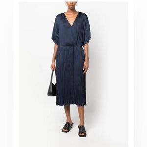 Vince plissé tie-waist dress midi dress $653 size S navy blue flared v-neck